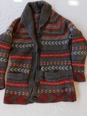 Woolrich Fair Isle Nordic Wool Cardigan Coatigan — Grey/Red/Orange — Size M